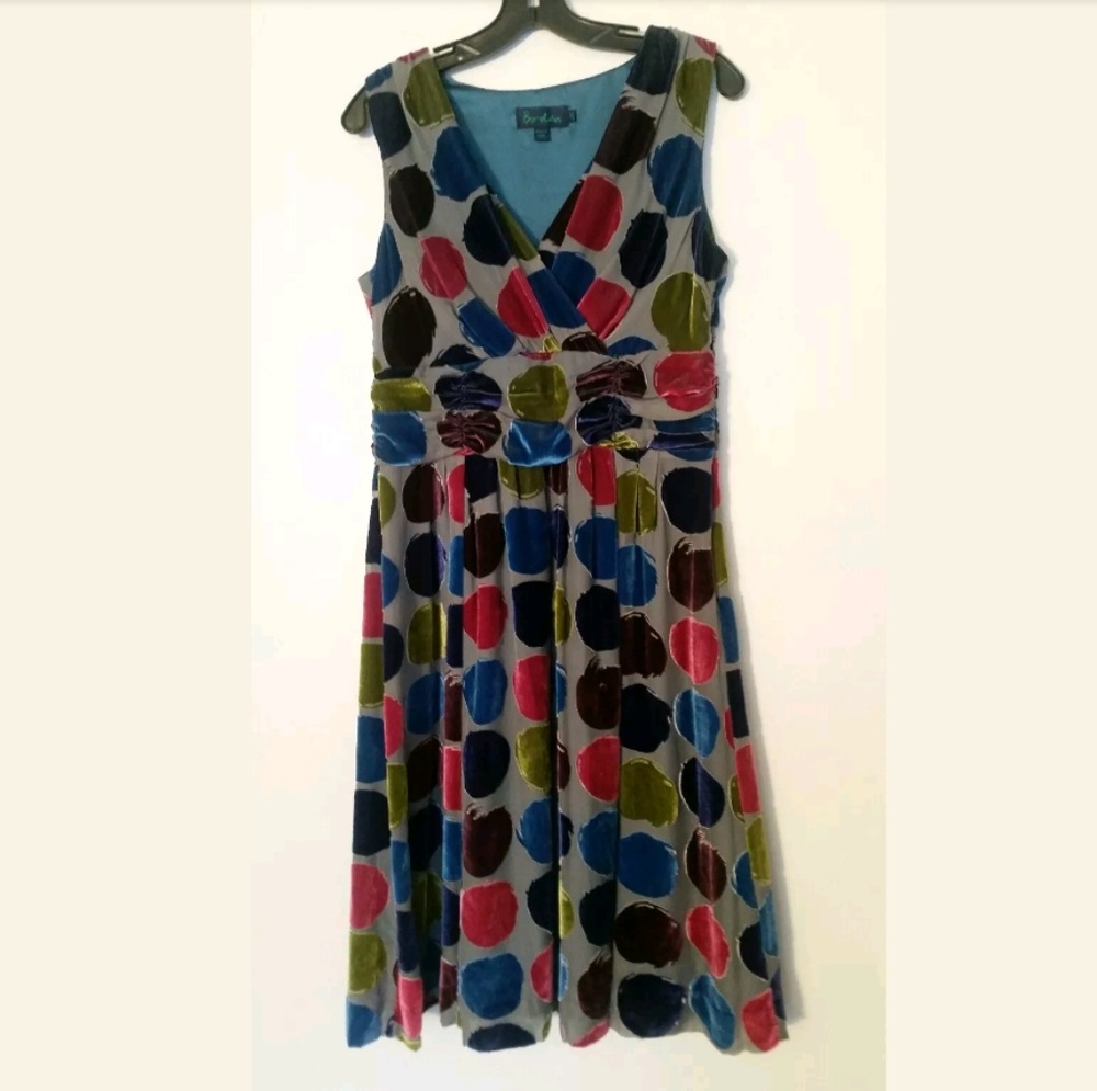 Boden Velvet Velour Polka Dot Swing V Neck Dress